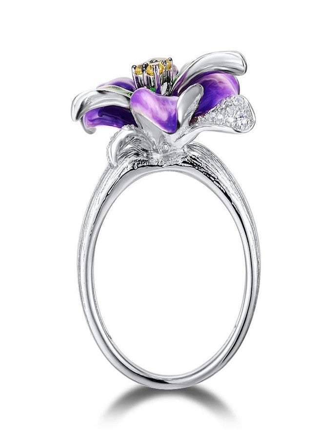 HAIXIAN Silver Blooming Purple Flower Enamel Ring,Thick Platinum Plated Colorfull Resin Floral Statement Ring,Cocktail Party Flower Ring Jewelry Gift for Women Her (Ring_A, 9) - Image 3